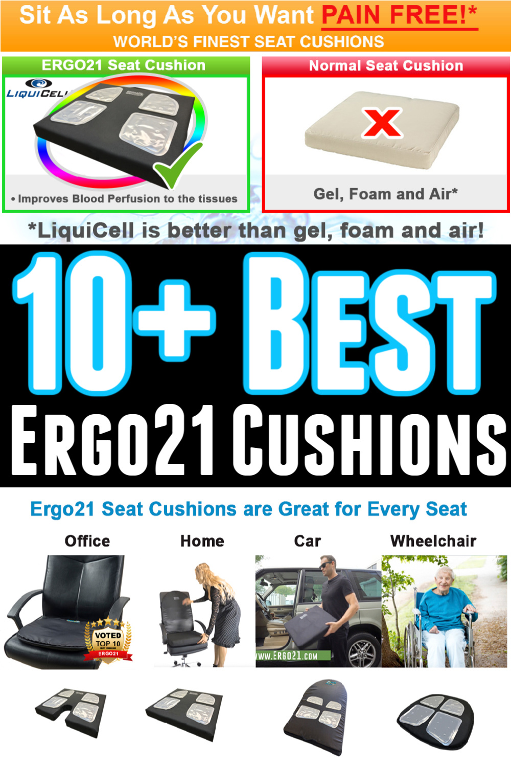 Best Seat Cushions Car, Office, Wheelchair - Voted Top 10 -  Choice -  Watch the Videos - LiquiCell - 150% Blood flow - Ergo21 - Ergo21